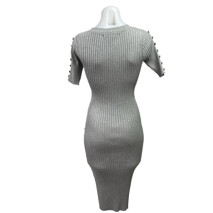 Say What? Gray Rib Knit Crew Neck Gold Button Short Sleeve Midi Bodycon Dress L
