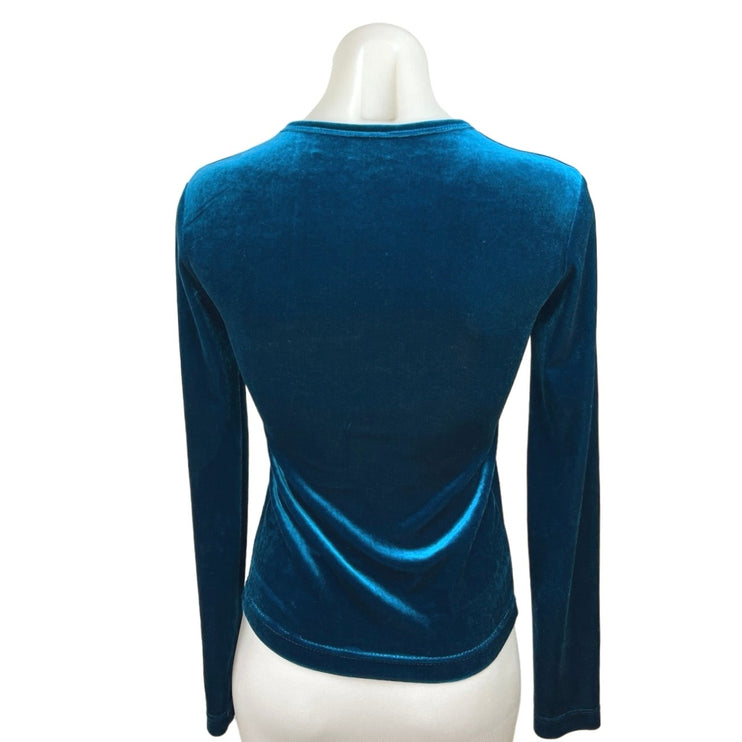 Pale Women Blue Velvet Crew Neck Long Sleeve Pullover Modern T-Shirt Top Size XS