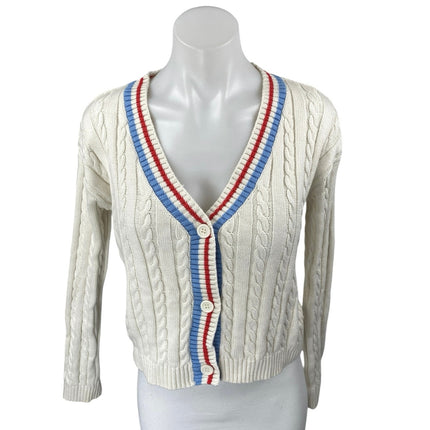 Prince White Cable Knit Striped Long Sleeve Button Up Cardigan Sweater Top XS