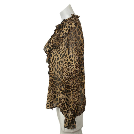 Commense Brown Ruffle Leopard Print Long Sleeve Button Down Peasant Blouse Top M