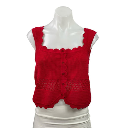 Meshki Women's Red Sleeveless Knit Scalloped Button Up Tank Crop Top Size L