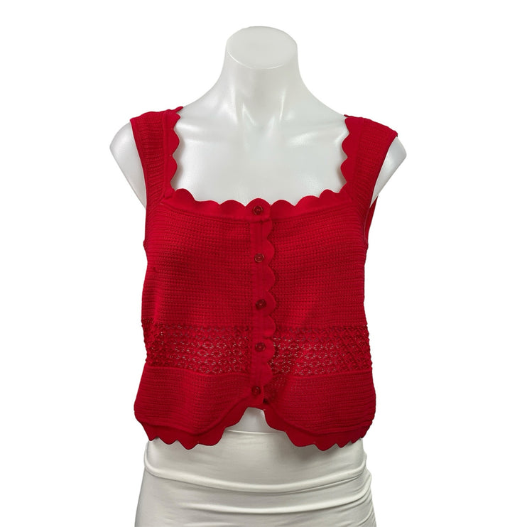 Meshki Women's Red Sleeveless Knit Scalloped Button Up Tank Crop Top Size L