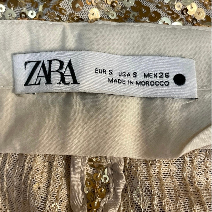 Zara Women's Gold Sequin Sparkly Metallic Blogger Wide Leg Trousers Pants Size S