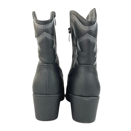 Global Win Black Faux Leather Stitch Embroidered Mid Calf Western Cowboy Boots 8