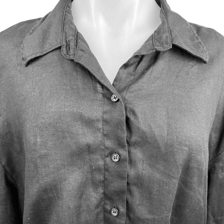 H&M Black 100% Linen Button Up Collar Short Sleeve Shirt Crop Top Blouse Size S