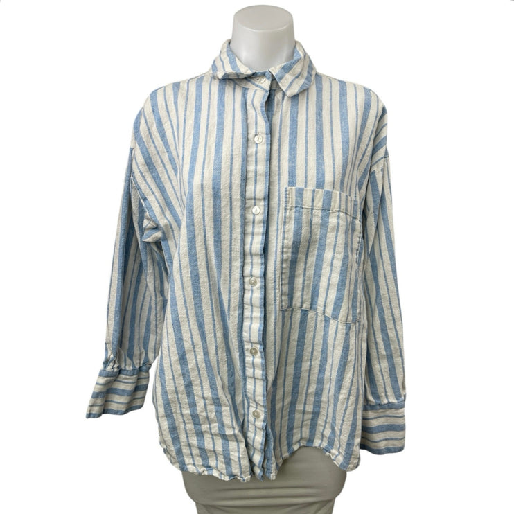 Abercrombie & Fitch Blue Striped Linen Long Sleeve Button Down Shirt Top Size M
