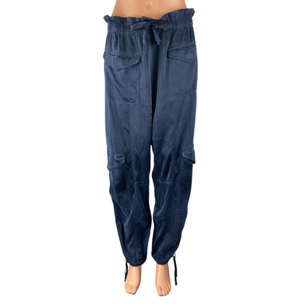 Ganni Blue Washed Twill Satin High Rise Paperbag Cargo Jogger Trousers Pants 42