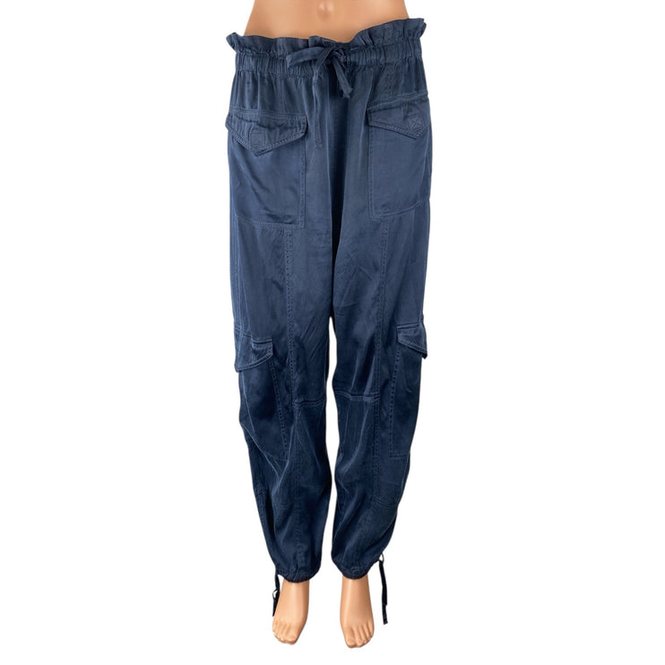 Ganni Blue Washed Twill Satin High Rise Paperbag Cargo Jogger Trousers Pants 42