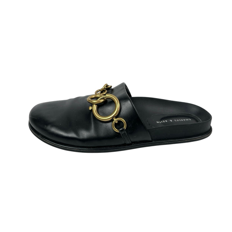 Charles & Keith Black Gold Chain Accent Slip On Round Toe Flats Mules 37 US 7