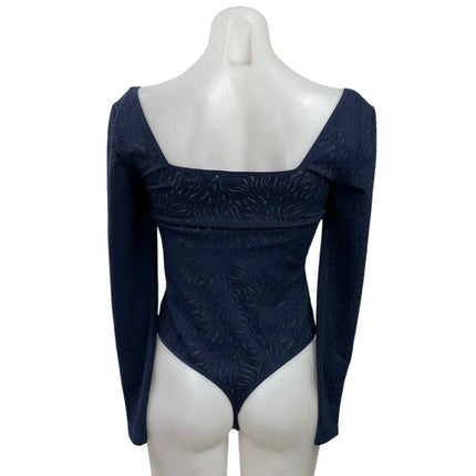 Aritzia Babaton Navy Blue Textured Square Neck Long Sleeve Bodysuit Top Size M