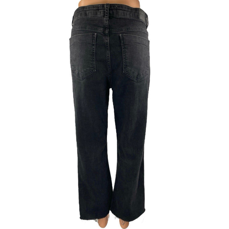Zara Black High Waisted Frayed Raw Hem Flared Bootcut Denim Jeans Pants Size 12