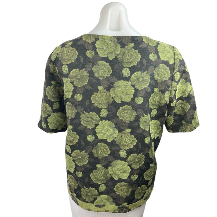 Vintage Yargici Black Green Floral Square Neck Short Sleeve Blouse Top Size L