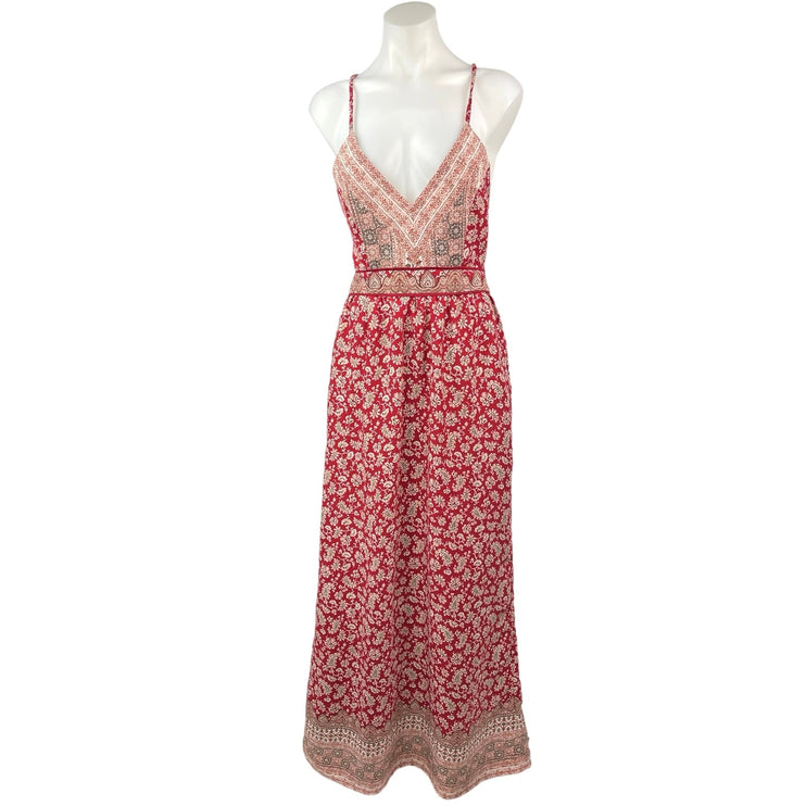 Forever 21 Red Jacquard Floral V Neck Crossback Boho A Line Maxi Sun Dress Sz S