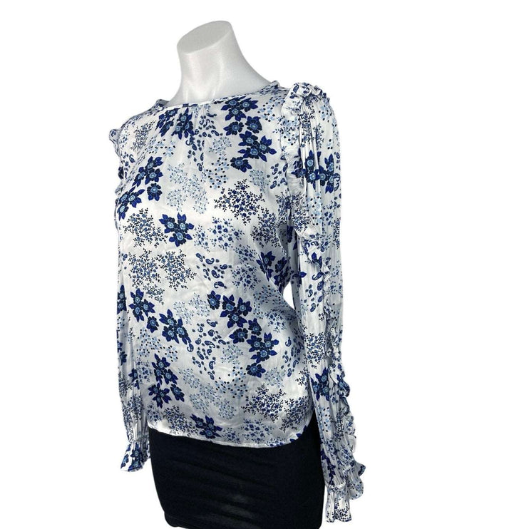 Ann Taylor LOFT Blue Floral Ruffle Puff Sleeve Round Neck Blouse Top Size M