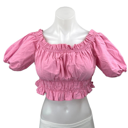 Zara Women's Pink Off The Shoulder Short Puff Sleeve Ruffle Crop Top Size L