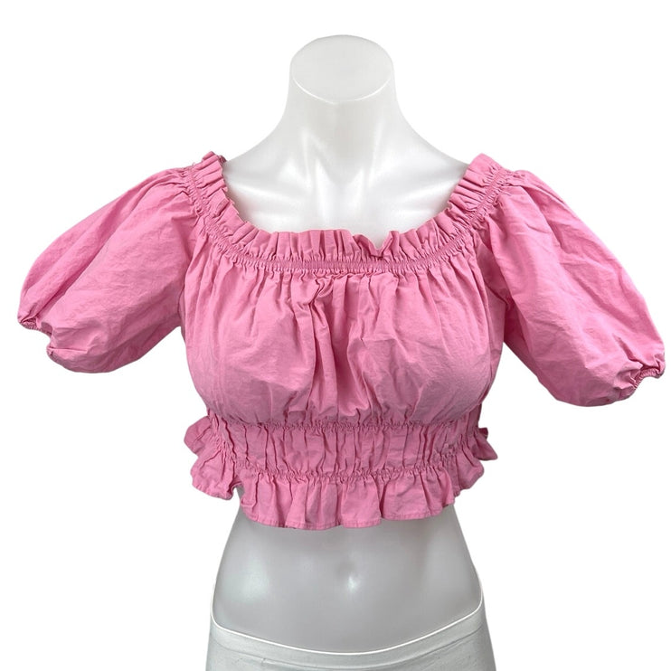 Zara Women's Pink Off The Shoulder Short Puff Sleeve Ruffle Crop Top Size L