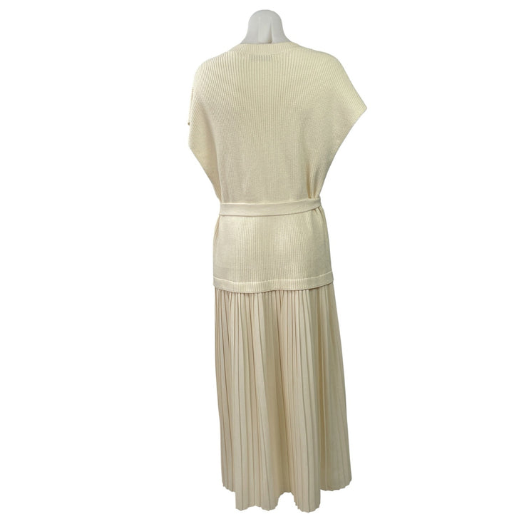 Zara Womens Cream Short Sleeve Ribeed Knit Pleated Maxi A-Line Sweater Dress M