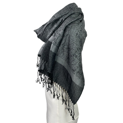 Pashmina Black Gray Paisley Colorblock Silk Fringe Wrap Shawl Neck Scarf OS