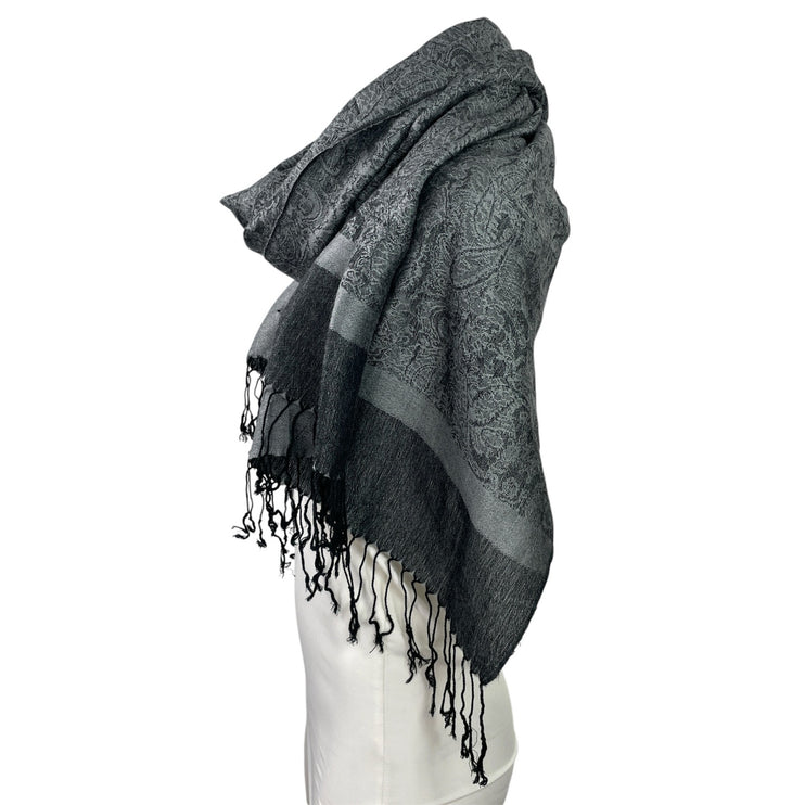 Pashmina Black Gray Paisley Colorblock Silk Fringe Wrap Shawl Neck Scarf OS