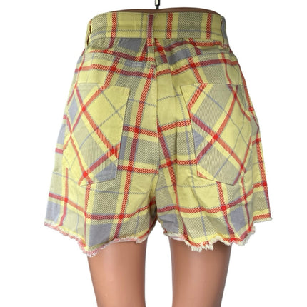 Weworewhat Women's Yellow Red Plaid High Rise Raw Hem Denim Jean Shorts Size 24