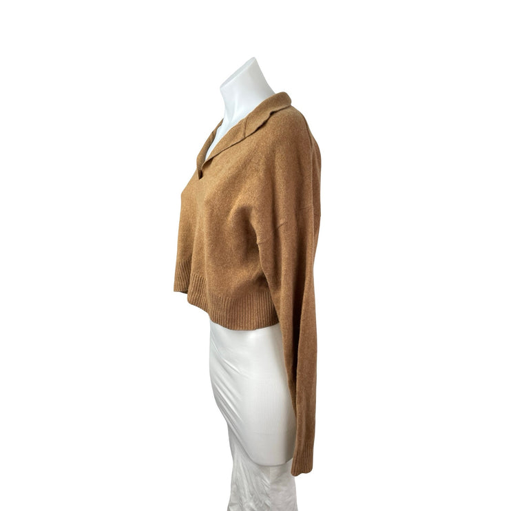 Reformation Camel Tan 100% Cashmere Long Sleeve Cropped Polo Sweater Top Size S