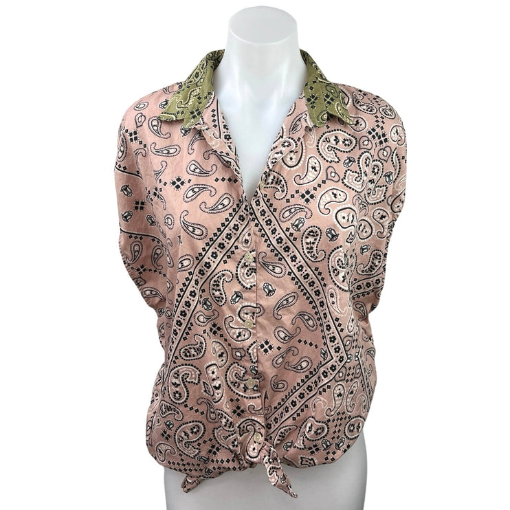 Intimissimi Pink Paisley Print Short Sleeve ButtonUp Collared Blouse Shirt Top L