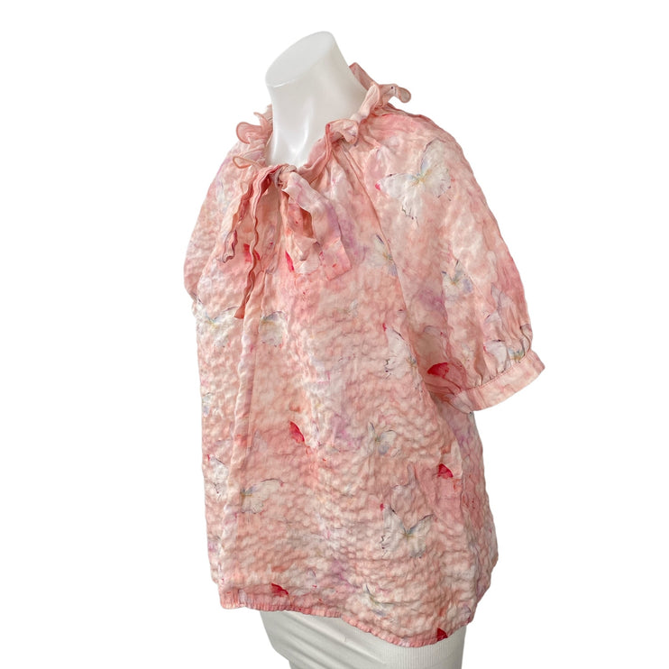Alice Blue Women's Pink Butterfly Pink Short Puff Sleeve Tie Ruffle Blouse Top L