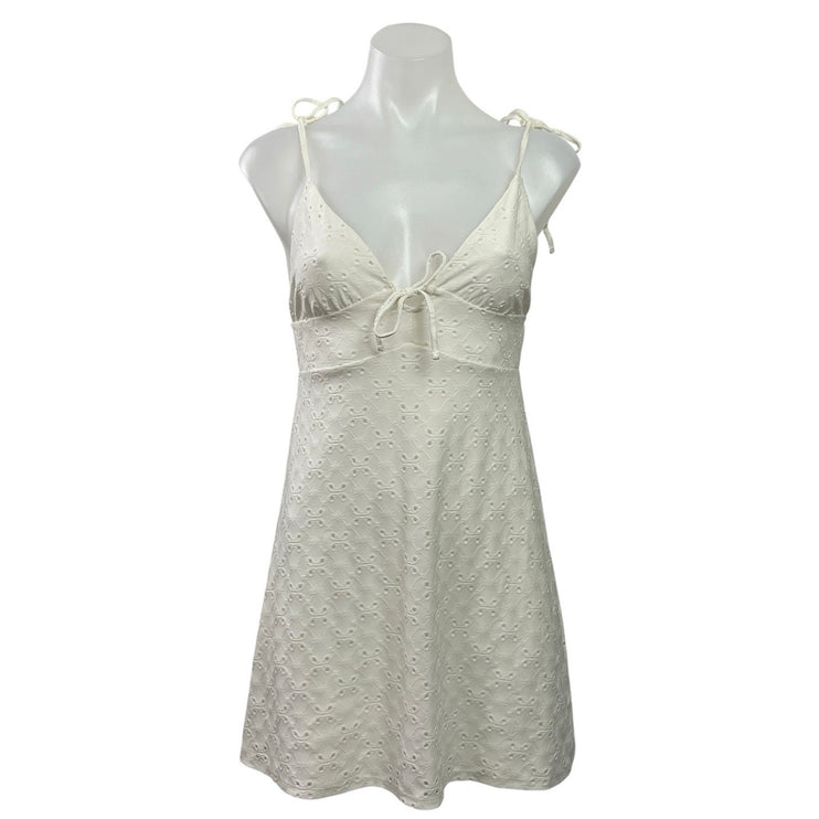 H&M White Sleeveless Embroidered Tie Strap Cami V Neck A Line Mini Dress Size S