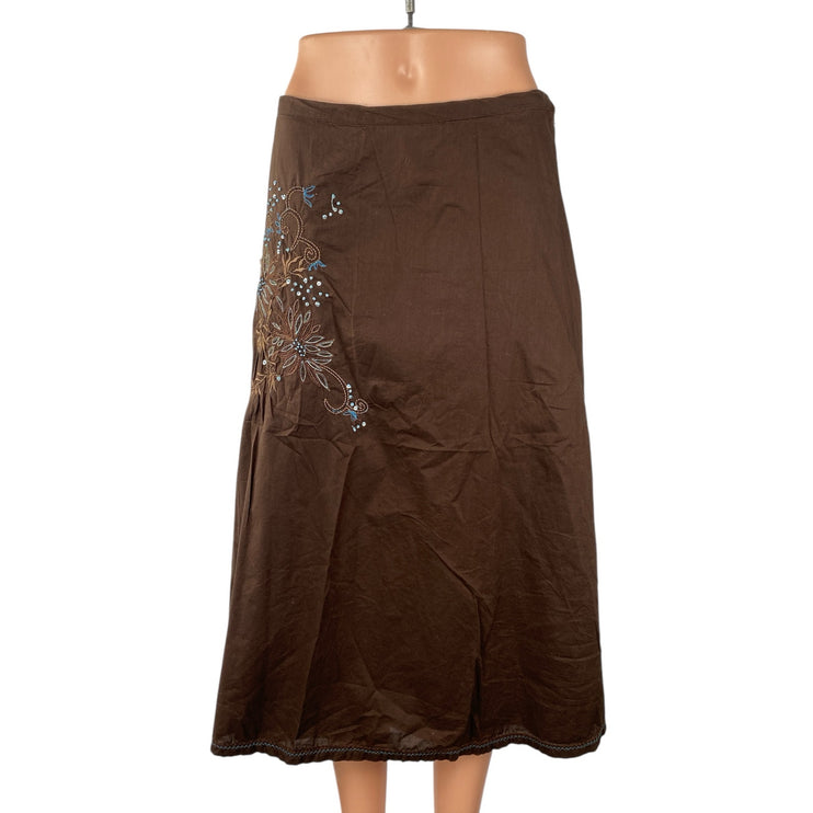 Linden Hill Brown Floral Embroidered Beaded Rhinestone A Line Midi Skirt Size 4