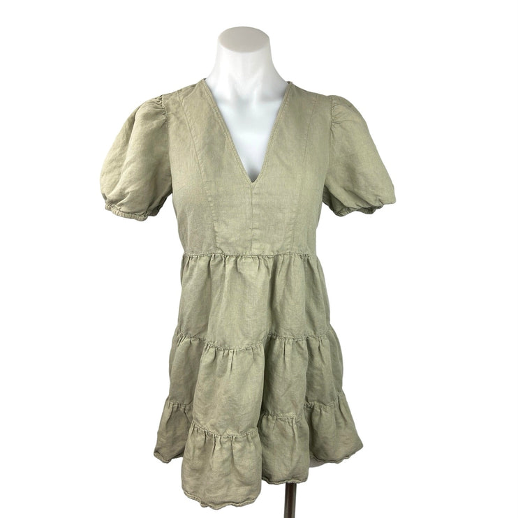 Zara Khaki Linen Blend V-neck Short Puff Sleeve Tiered Mini Babydoll Dress Sz S