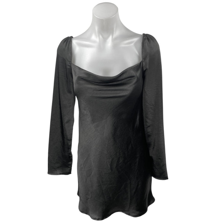 Princess Polly Black Silk Satin Long Sleeve Cowl Neck Mini Slip Dress Size 4
