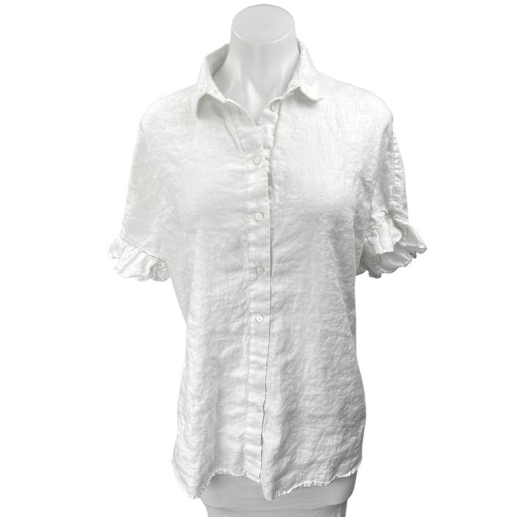 Saks Fifth Avenue White 100% Linen Oversized Ruffle Button Down Shirt Top Sz M