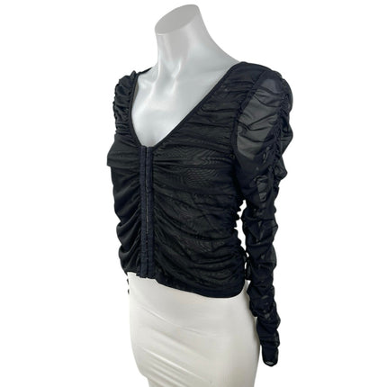 NA-KD Women's Black Mesh Ruched Long Sleeve V-neck Crop Corset Blouse Top Sz XS