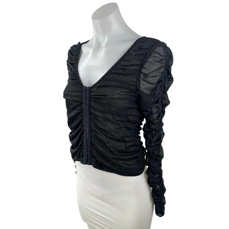 NA-KD Women's Black Mesh Ruched Long Sleeve V-neck Crop Corset Blouse Top Sz XS
