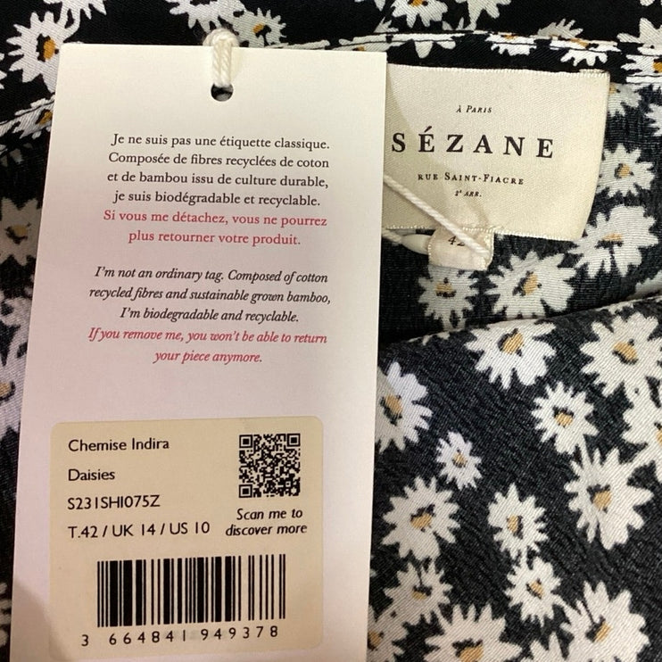 NEW Sezane Black White Daisy Floral Soft V Neck Short Sleeve Blouse Top Size 10