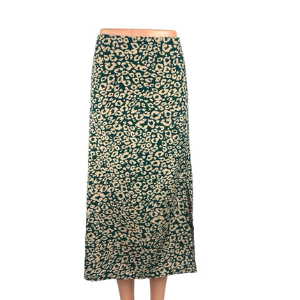 Shein Green Beige Leopard Animal Print Satin Zipper Chic Midi Slip Skirt Size 6