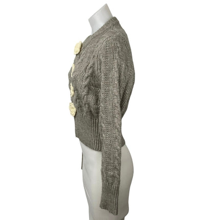 Acoa Women's Gray Cable Knit Floral Long Sleeve Crop Cardigan Sweater Top Size M
