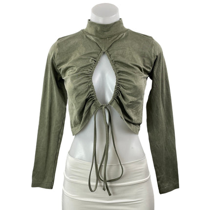 Zara Women's Olive Green Cutout Ruched Mock Neck Long Sleeve Crop Top Size M/L