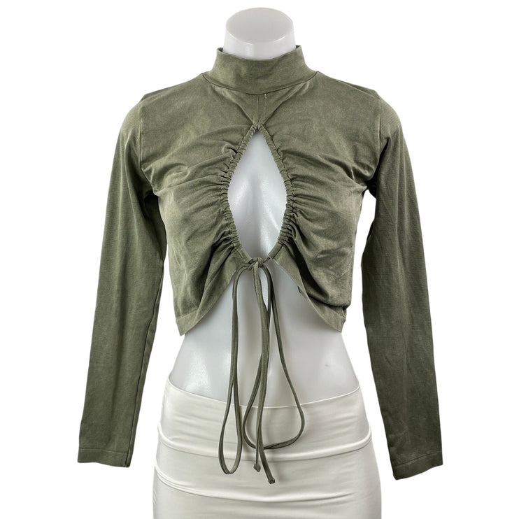 Zara Women's Olive Green Cutout Ruched Mock Neck Long Sleeve Crop Top Size M/L