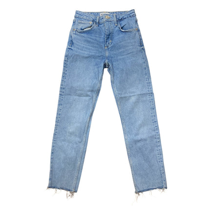 Zara Women's Light Blue Raw Frayed Hem High Rise Straight Denim Jeans Pants Sz 2