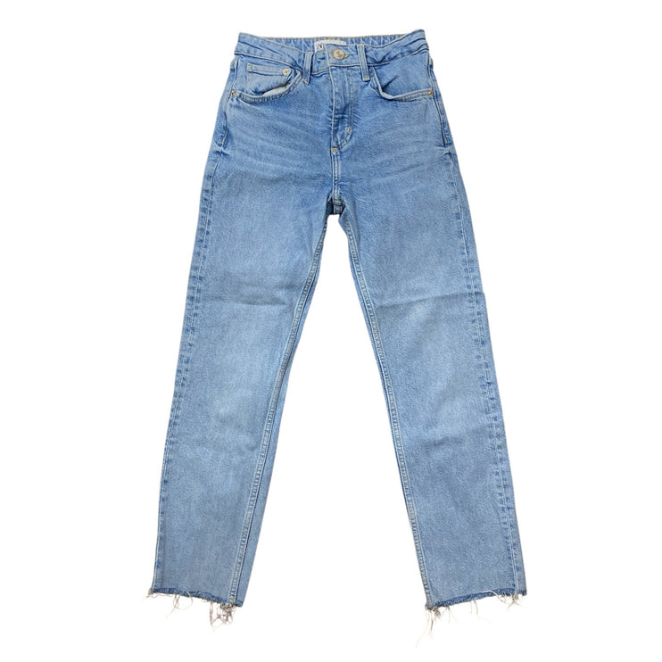 Zara Women's Light Blue Raw Frayed Hem High Rise Straight Denim Jeans Pants Sz 2