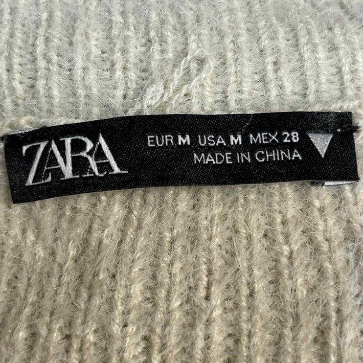Zara Women's Beige Cream Eyelash Knit Cap Sleeve Crew Neck Sweater Top Size M