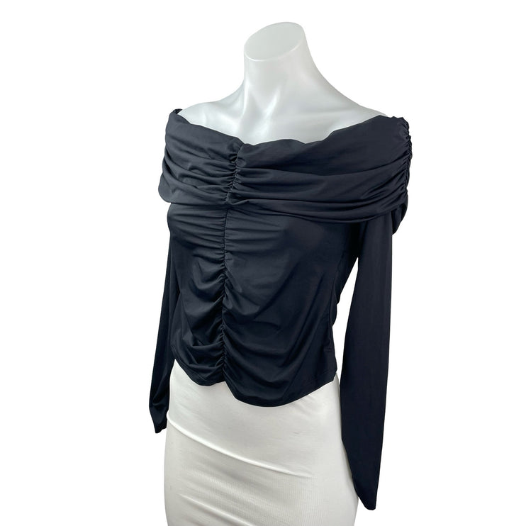 Zara Women's Black Off The Shoulder Ruched Long Sleeve Crop Blouse Top Size L