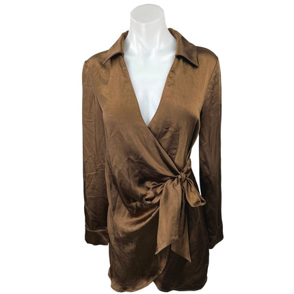 Garota Brown Silk Satin Long Sleeve Collar V-neck Mini Wrap Shirt Dress Size S