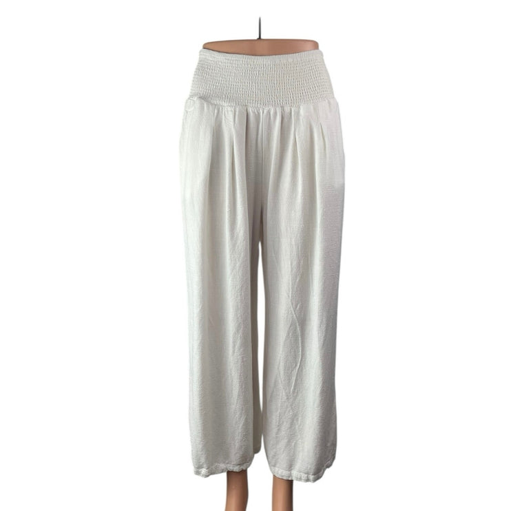 Women's White Smocked High Waisted Boho Wide Leg Baggy Trousers Pants Size L