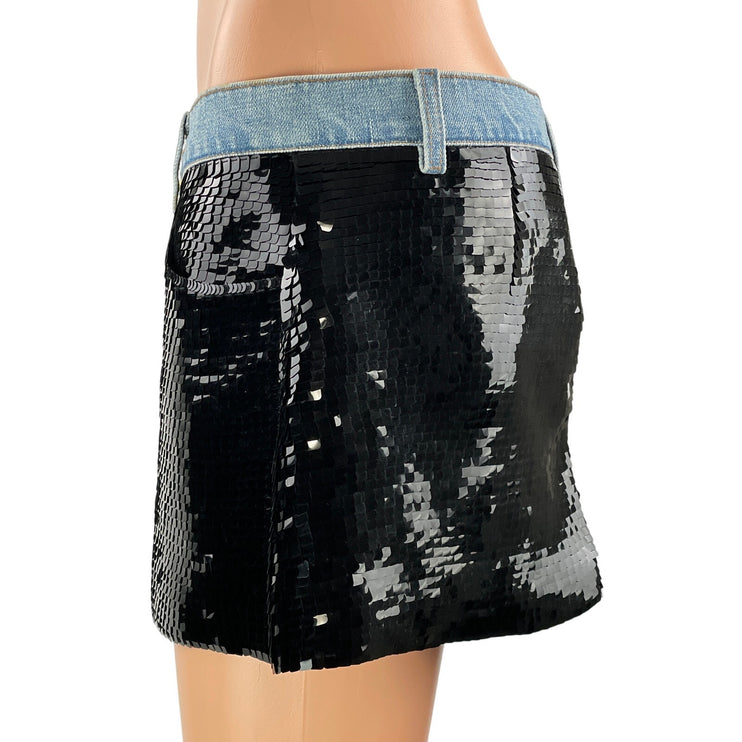 Roberto Cavalli Women's Black Blue High Waisted Sequin Mini Denim Jeans Skirt S