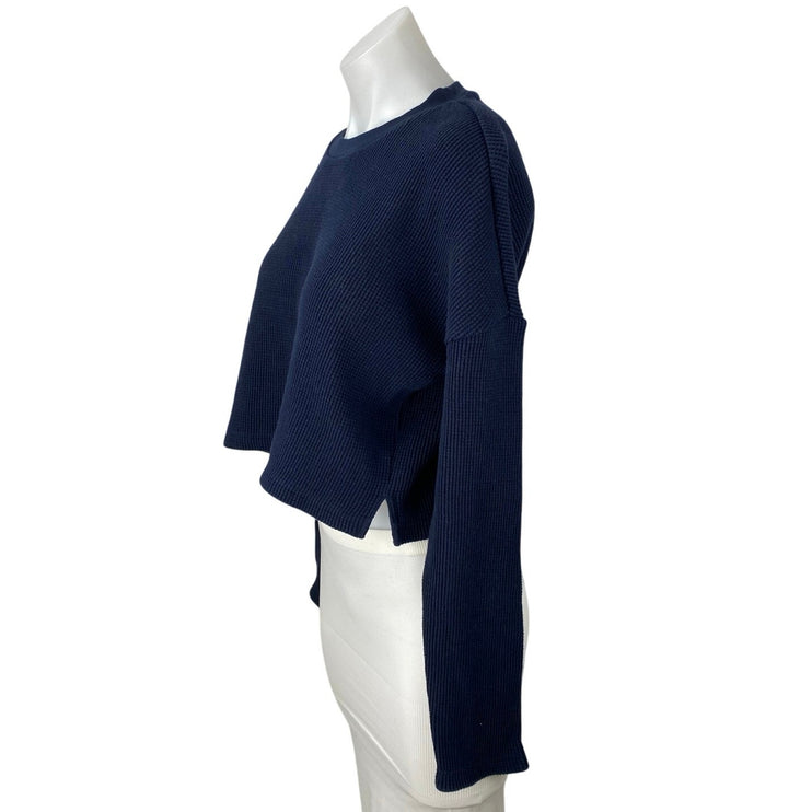 Onia Women's Navy Blue Waffle Knit Crewneck Long Sleeve Crop Sweater Top Sz S/P