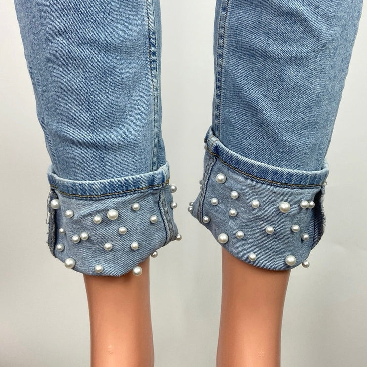 Zara Basic Blue Light Wash Beaded Pearl Cuffed Hem Mid Rise Skinny Jeans Size 6