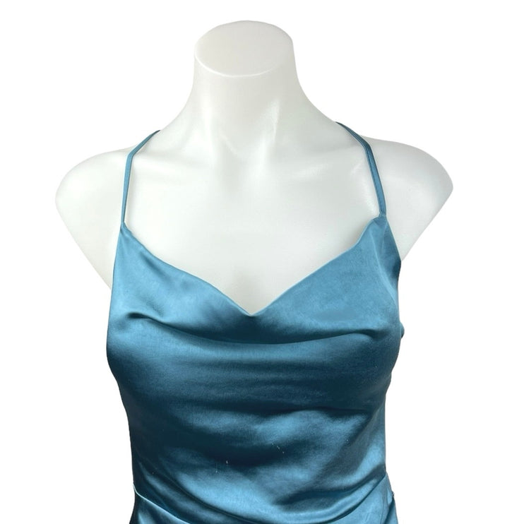 Club L London Blue Satin Cowl Neck Halter Strappy Asymmetric Maxi Dress Size 4