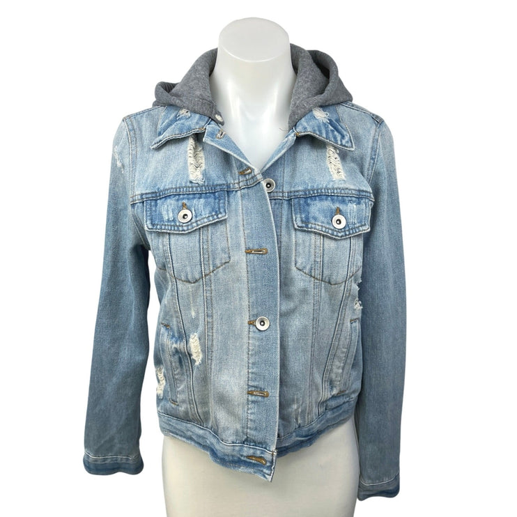 Ci Sono Blue Denim Studded Skull Distressed Button Hoodie Jean Jacket Coat Sz M